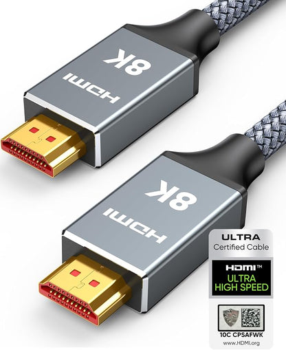 Capshi 5ft 8K 4K@120Hz HDMI Cable 2.1, Certified 48Gbps High Speed Cord | for PS5/4, TV, Gaming Console, Monitor, 8K@60Hz, 2K@240Hz, 144Hz, Support HDR, eARC, DTS:X, HDCP 2.2 & 2.3, Braided, Grey