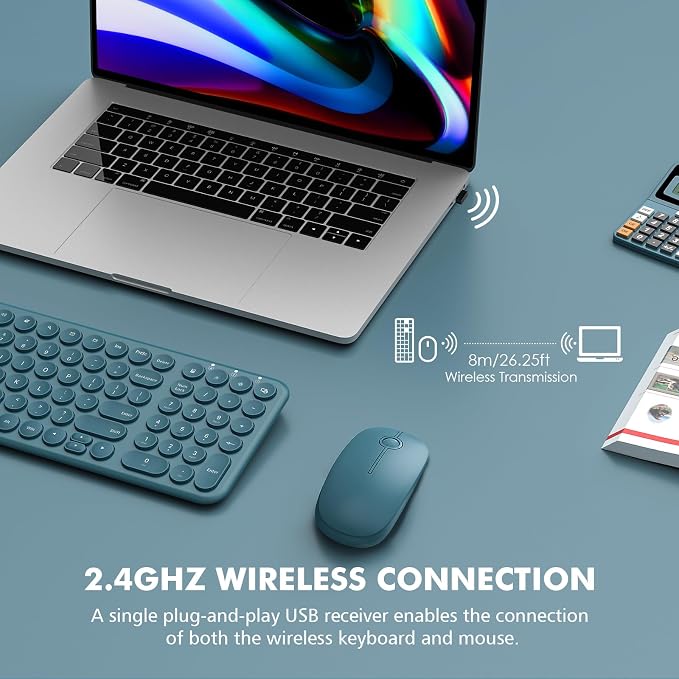 Wireless Keyboard and Mouse Combo,XTREMTEC 2.4GHz Quiet Slim Cute Round Keycap Compact Size Blue Kawaii Cordless Retro Keyboard Mouse Set Home Office Accessories for Mac/Windows (Blue)