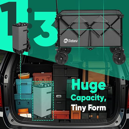 Sekey 220L Wagons Carts Foldable with Big All-Terrian Beach Wheels, Collapsible Heavy DutyWagon with Cup Holders, Extra Large Folding Wagon,Foldable Wagon for Camping, Garden, Sports. Grey