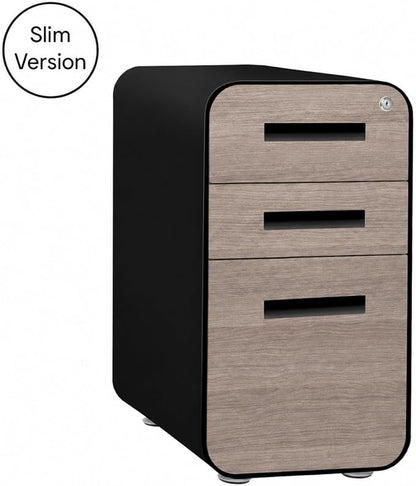 Laura Davidson Furniture Stockpile Slim 3-Drawer Mobile File Cabinet with Lock - Under Desk Metal Filing Cabinet, Legal/Letter File Folders, Wheels & Stationary Feet, Assembled, Black/Wood Faceplate