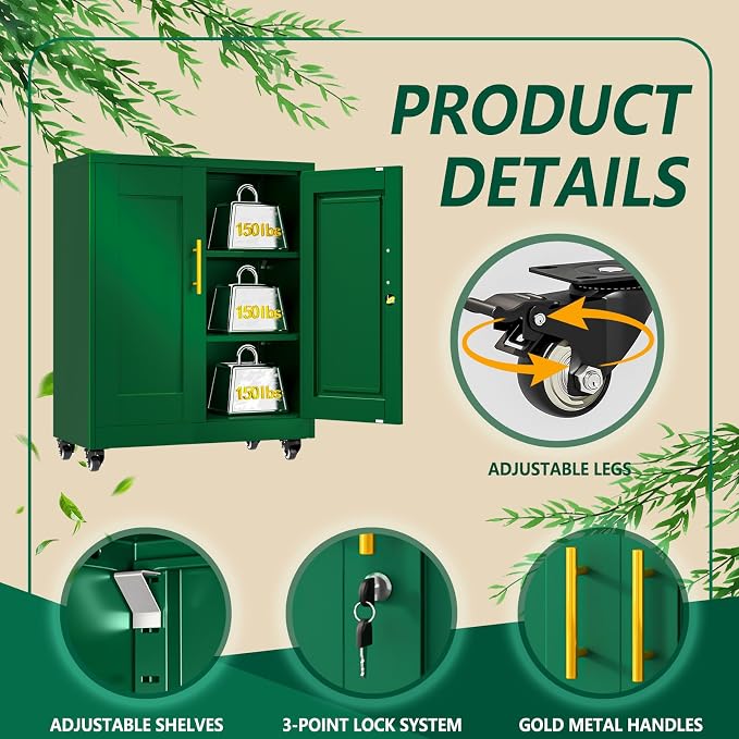 winiowa 36" Mobile Metal Storage Cabinet with Lock, Locking File Cabinet with 2 Adjustable Shelves & Wheels, Green Lockable Organizer for Home Office/Garage