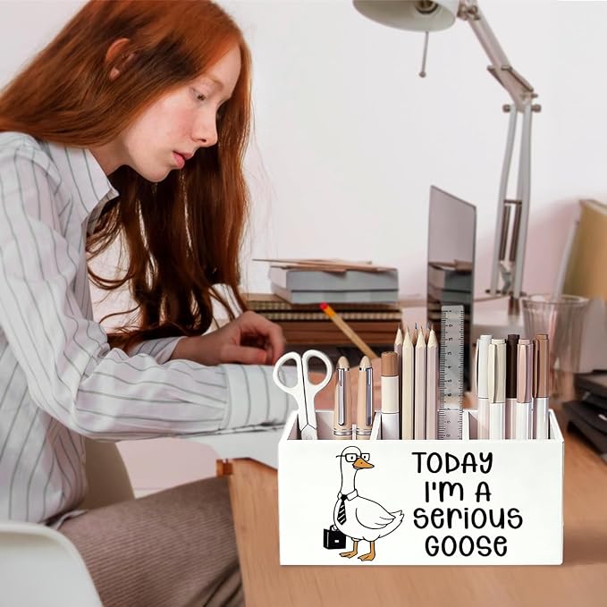 Funny Goose Pen Pencil Holder for Desk, Office Humor Gifts for Coworkers Employees Women Men, Today I'm a Serious Goose Wooden Box Sign Decorations for Home Office Workplace Desk Tabletop
