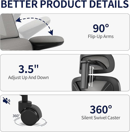 Ergonomic Office Chair - Desk Chair with Adjustable Headrest Lumbar Support Computer Chair - Mesh Comfy Chair with Flip-up Armrests - Gaming Chairs for Adults Home Office 330 LBS (Black+Gray)