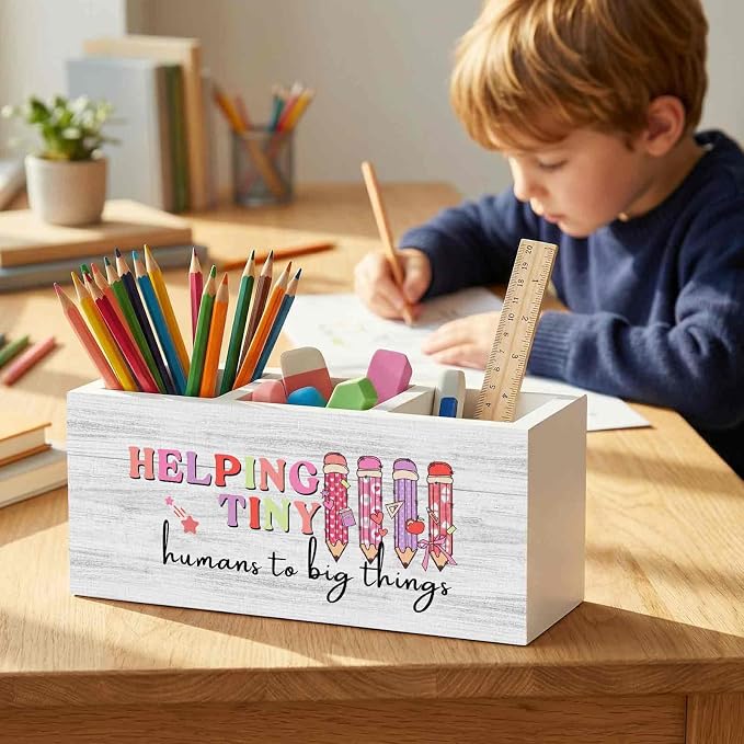 Teacher Pencil Pen Holder for Desk Organizer, Teacher Appreciation Gifts, Helping Tiny Humans to Big Things Wooden Box Decorations for Home Office Classroom Desk Tabletop Decor