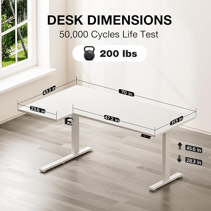 Muvai 71 Inch L Shaped Standing Desk Adjustable Height with Cable Management Tray,Gaming Electric Corner Standing Desk, Sit Stand Computer Table with Reversiable Splice Board, White