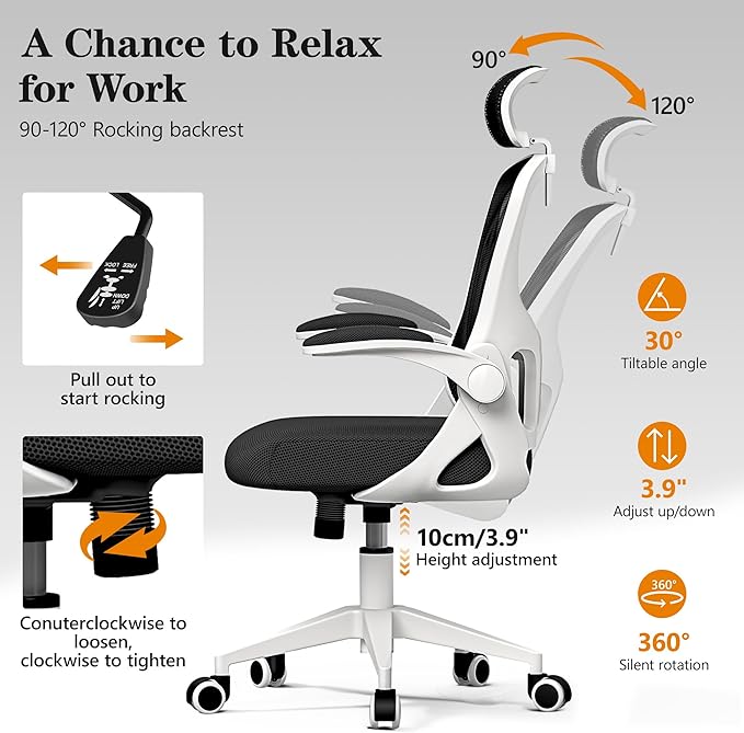 Ergonomic Office Chair, High Back Desk Chair with Flip-up Arms, 300 LBS Mesh Computer Chair with Adjustable Headrest & Lumbar Support, Comfy Gaming Chair for Adults, Home Office Desk Chairs (White)