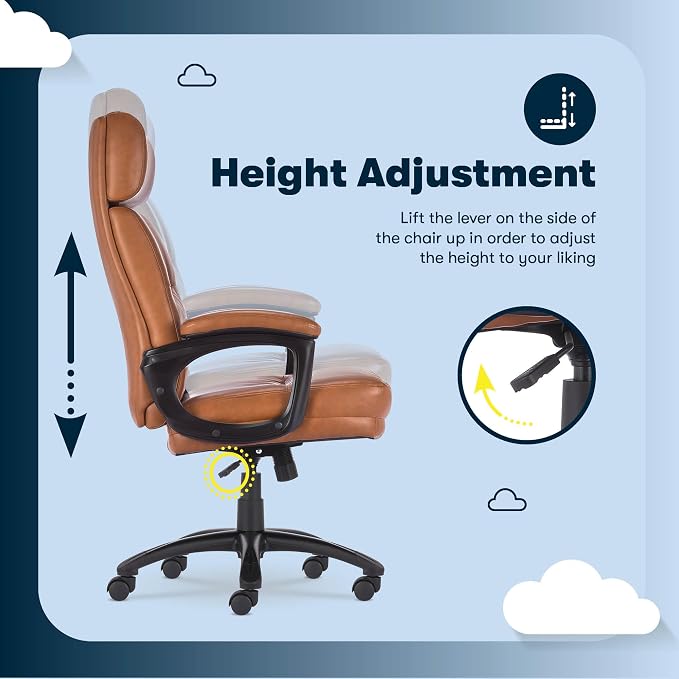 Serta Comfort Executive Big & Tall Office Chair, Ergonomic High-Back Computer DeskChair, Semi Plush Cushion Seat, Soft Padded Armrests, SertaQuality Foam, Metal Swivel Base, Bonded Leather, Cognac