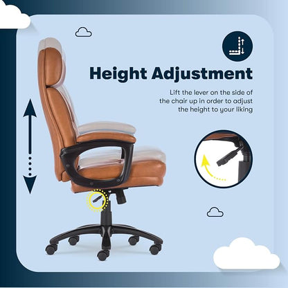 Serta Comfort Executive Big & Tall Office Chair, Ergonomic High-Back Computer DeskChair, Semi Plush Cushion Seat, Soft Padded Armrests, SertaQuality Foam, Metal Swivel Base, Bonded Leather, Cognac