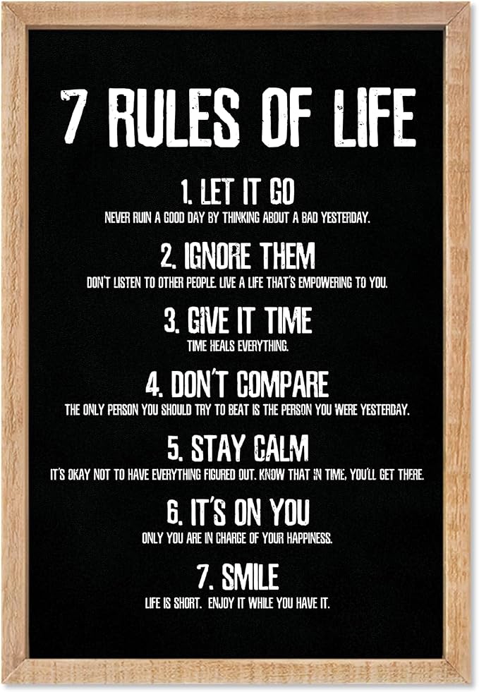 YWJKWLGS 7 Rules of Life Wall Art, 11x16 Framed, Motivational Quote Decor for Office