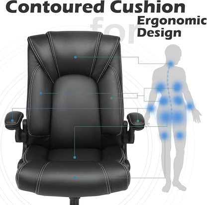 OUTFINE Flip-up Arms Office Chair 300lbs Executive Chair Swivel Office Chair with hydrolysis-Resistant Leather Spring Cushion Thick Padding and Ergonomic Design (Black, Flip Arm Medium) | Flip-up armrests, ergonomic support and durable leather maximize...
