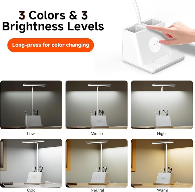 AXX 18 in Desk Lamp with Fast Wireless Charger for College Dorm Room, Adjustable LED Table Light for Home Office, White, Small, Cute