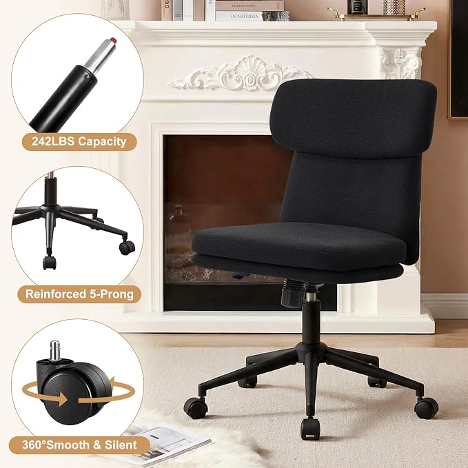 Furniliving Armless Office Chair, Upholstered Chenille Desk Chair with Wheels, Adjustable Swivel Computer Vanity Chair with Double-Layer Cushion, Black