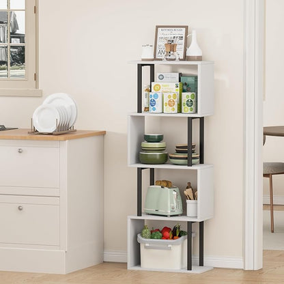 Gadroad 4-Tier Bookshelf, Narrow S-Shaped Geometric Bookcase, Wood Decorative Storage Shelving, Modern Freestanding Display Shelves, Book Shelf Unit for Living Room Bedroom Home Office, White