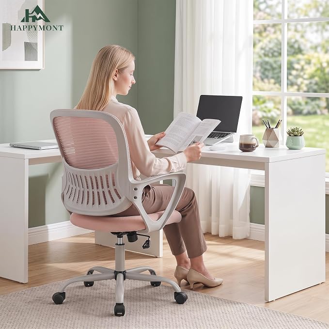 Home Office Desk Chair, Ergonomic Mid-Back Mesh Computer Task Chair with Comfortable Lumbar Support, Height Adjustable Swivel with Fixed Armrest for Adults, Student, Pink