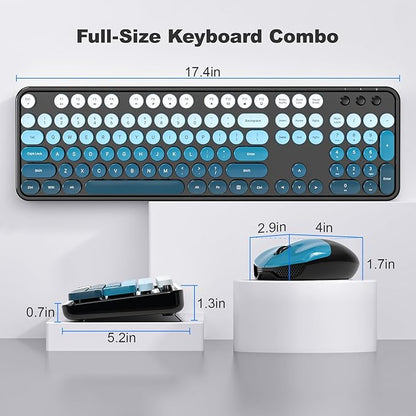 MOFII Wireless Keyboard and Mouse Combo, Full Size 2.4G Plug and Play Typewriter Retro Round Computer Keyboard and Mouse Set for Windows, Computer, Desktop, PC, Notebook - (Black Blue Gradient)