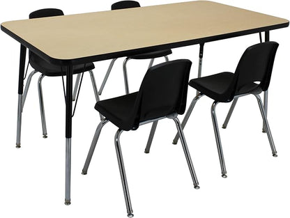 FDP Rectangle Activity School and Office Table (30 x 60 inch), Standard Legs with Swivel Glides, Adjustable Height 19-30 inches; Quick Ship Single Box - Maple Top and Black Edge