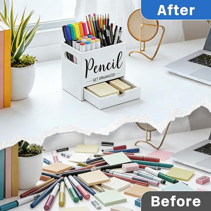 Pen Holder for Desk, Wood Pencil Organizer with Drawer, 2 Slots Dual-Purpose Desk Organizers Marker Holder Art Supplies for Home, Office(White)