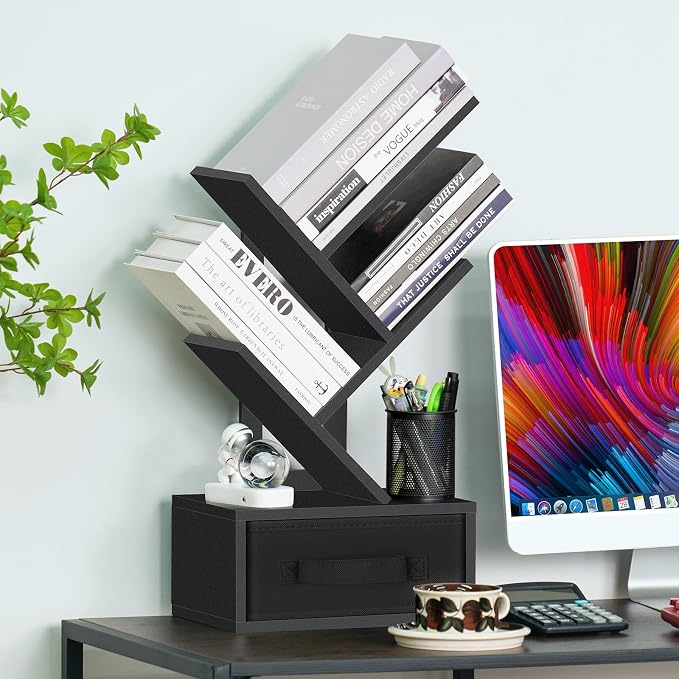 SHEEPAM Small Book Shelf with Drawer,4 Tier Black Tree Bookshelf,Wooden Desktop Bookcase,Modern Desk Display Storage Bookshelves,Floor Standing Organizer Bookcases for Living Room,Bedroom,Office
