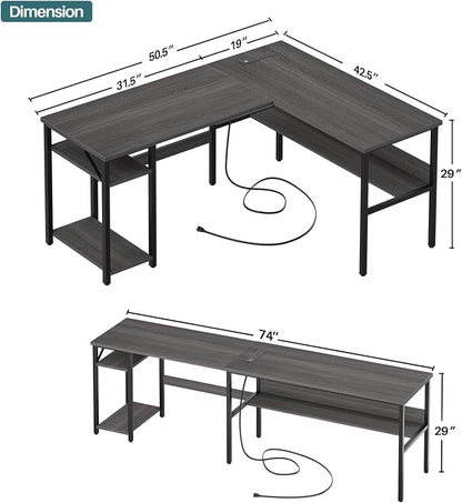 Unikito Reversible L Shaped Desk with Magic Power Outlets and USB Charging Ports, Sturdy Corner Computer Desk with Storage Shelves, Gaming Table Home Office Desk, Easy to Assemble, Enoch Walnut