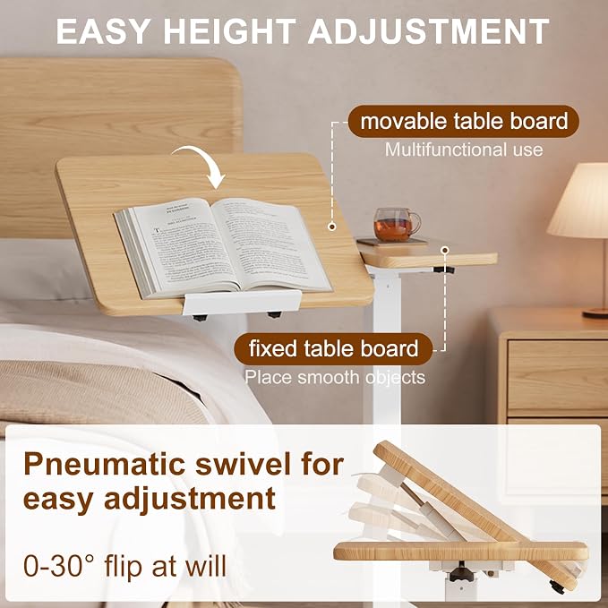 Solid Wood Overbed Bedside Table with Wheels, Tilting Adjustable Hospital Bed Table Over The Bed, Medical Mobile Laptop Stand, Rolling Standing Desk for Hospital and Home Use(Natural)