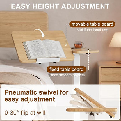 Solid Wood Overbed Bedside Table with Wheels, Tilting Adjustable Hospital Bed Table Over The Bed, Medical Mobile Laptop Stand, Rolling Standing Desk for Hospital and Home Use(Natural)