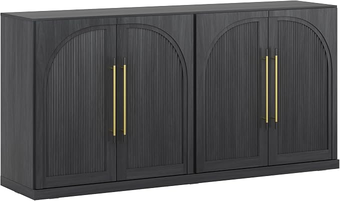 BELLEZE 65" Kitchen Storage Cabinet with Adjustable Shelves,Freestanding Accent Cabinet with Fluted Arched Design & Gold Handles,Modern Credenza for Living Room,Dining Room,Entryway - Ebony