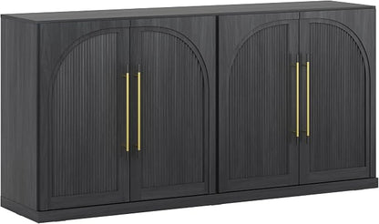 BELLEZE 65" Kitchen Storage Cabinet with Adjustable Shelves,Freestanding Accent Cabinet with Fluted Arched Design & Gold Handles,Modern Credenza for Living Room,Dining Room,Entryway - Ebony