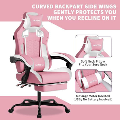 Gaming Chair with Massage,Ergonomic PC Gaming Chair with Footrest Comfortable Headrest and Lumbar Support,High Back Game Chair PVC Leather,300LBS (Pink)
