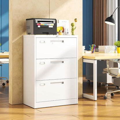 Metal Lateral 3 Drawer File Cabinet, Wide Filing Cabinet with Lock for Home Office Organization Hanging Files Letter/Legal/F4/A4 Size (White, Assembly Required)