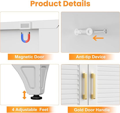 75" Metal Pantry Cabinet,Kitchen Storage Cabinet with Shelves | Louvered Metal Storage Cabinet,Adjustable Shelves,Gold Handles,Leveling Feet,Anti-tipping,for Garage/Kitchen White