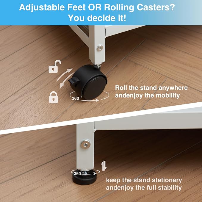 Lauren&Harold 34'' Printer Stand with Power Outlets & USB Ports, 3-Tier Adjustable Rolling Cart, Heavy Duty 150LBS Storage Table with Wheels for Office, Kitchen, Living Room, Grey/White