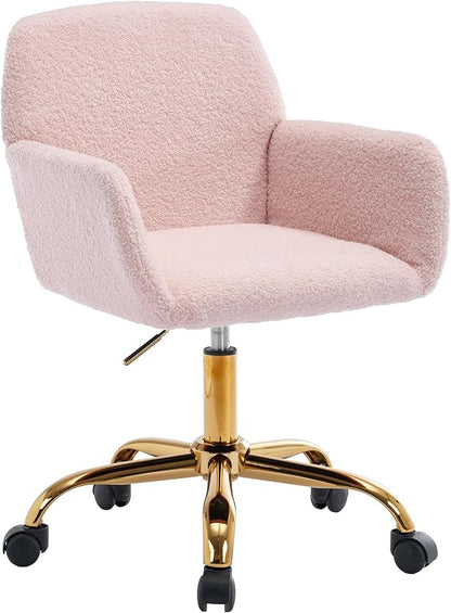 KCC Faux Fur Vanity Makeup Desk Chair, Comfy Fluffy Swivel Modern Leisure Armchair with Wheels, Upholstered Fuzzy Height Adjustable for Teens Women Girls Elegant Home Office, Pink