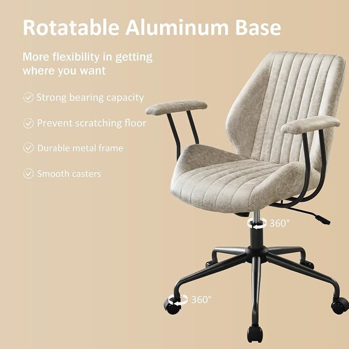 Mid Back Home Office Chair, Mid Century Modern Executive Chair, Comfy Ergonomic Rolling Office Desk Chair with Lumbar Support, Faux Leather Office Chair, Beige
