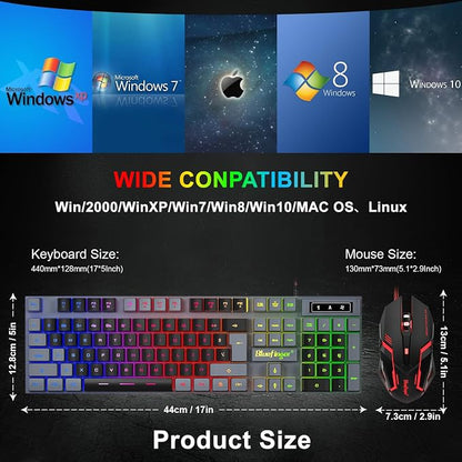 BlueFinger RGB Gaming Keyboard and Backlit Mouse Combo, USB Wired, LED Gaming Set for Laptop PC Computer Game and Work(Gray & Black)