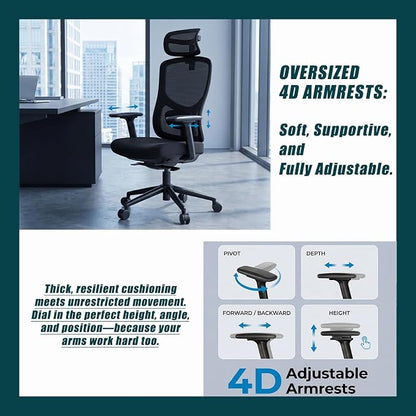 Ergonomic Office Chair with Breathable Mesh Back & Thick Cushion Seat, 4D Armrests, 3D Headrest, Adjustable Lumbar Support & Seat Depth, High Back Desk Chair with Tilt Lock (Black)