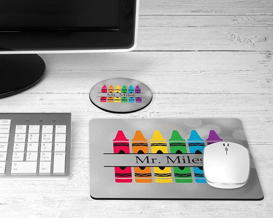 Personalized Teacher Mousepad and Coaster Desk Set Gift for Teachers Appreciation Back to School Classroom Decor Custom Handmade by The Painted Pug (Grey Crayon)