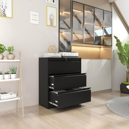 3 Drawer File Cabinet,Metal Lateral Filing Cabinet with Lock,Home Office Storage Organizer Cabinet for Legal/Letter/A4/F4 Size Files,35.5" W,Black