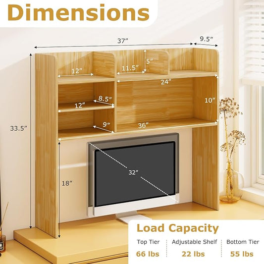 LDAILY 3-Tier Desktop Bookshelf, Wooden Desk Hutch for Computer Monitor Up to 32 Inch, Desk Organizer Shelf with Adjustable Shelf & 6 Storage Shelves, Desk Display Rack for Home Office Dorm(Burlywood)