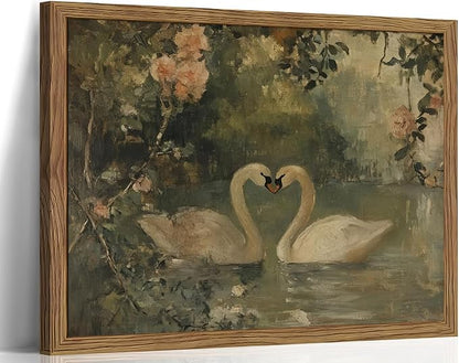 Vintage Swan Wall Art, Antique Swan Art Print, Rustic Farmhouse Romantic Decor, Cottagecore Animal Oil Painting, Aesthetic Swans Picture Wall Decor for Bedroom Living Room 8x10 inch Wood Framed