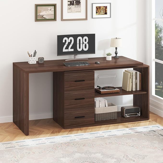 HSH L Shaped Office Desk with Drawers Shelves 55-76 Inch, Corner Computer Desk with Storage 360 Rotating Long for Work, Executive, Study, Writing, Teacher, Bedroom Modern Gaming Table, Walnut