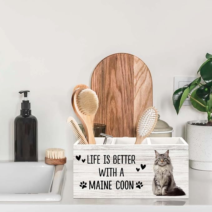Maine Coon Cat Gifts Pen Holder for Desk, Gifts for MaineCoon Lovers Owners Pencil Organizer, Life is Better with A Maine Coon Cat Wood Pen Holder Desk Accessories Decor for Home Office