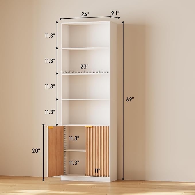 INNOD 69" Tall Book Shelve Bookcases with Doors, Floor Standing 6 Shelf Display Shelves, Freestanding Shelving Unit with Closed Doors for Storage, Home Decor Furniture for Living Room Home Office