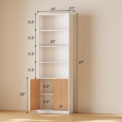 INNOD 69" Tall Book Shelve Bookcases with Doors, Floor Standing 6 Shelf Display Shelves, Freestanding Shelving Unit with Closed Doors for Storage, Home Decor Furniture for Living Room Home Office