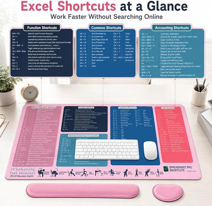 Excel Cheat Sheet Desk Pad Set, 3-Piece XXL Shortcut Mouse Pad with Keyboard and Wrist Rests, Non-Slip Office Mat, 35.5 x 15.8 in, Blush Pink