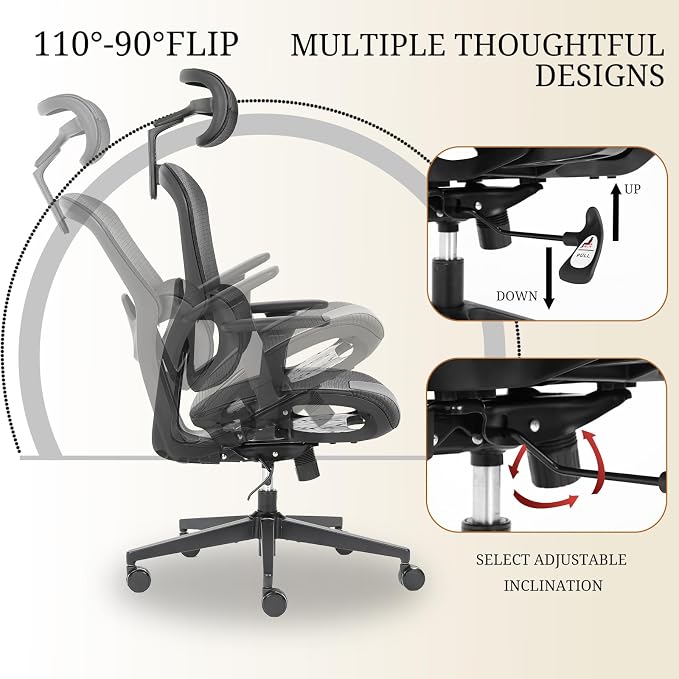 Ergonomic Mesh Office Chair with Lumbar Support - Adjustable Seat Height, Flip-Up Arms Breathable Mesh Desk Chair for Home Office, Work & Gaming (Black)