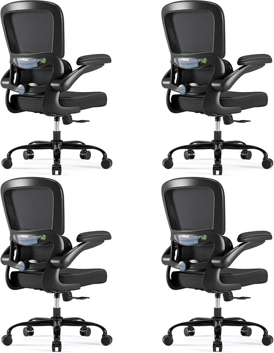 TRALT Ergonomic Office Chair - Desk Chair with Adjustable Headrest Lumbar Support Computer Chair - Mesh Comfy Chair with Flip-up Armrests - Gaming Chair for Adults Home Office PU, Black, Pack of 4