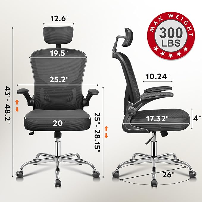 DEVAISE Office Chair High Back Mesh Ergonomic Desk Chair with Flip-up Armrests, Adjustable Headrest and Lumbar Support, Black