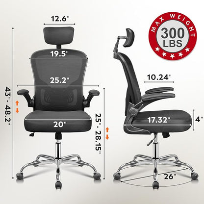 DEVAISE Office Chair High Back Mesh Ergonomic Desk Chair with Flip-up Armrests, Adjustable Headrest and Lumbar Support, Black