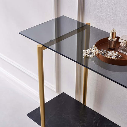 LumFurn Glass Console Table for Living Room, Foyer & Entrance, 2-Tiers Mid-Century Modern Sofa Table with Grey Glass Top, Black Marble Finish Wood Shelf and Gold Finish Frame