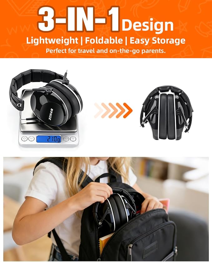 ZOHAN 032 Kids Noise Canceling Headphones - 25dB NRR Kids Ear Protection Earmuffs for School, Monster Jam, Fireworks, Travel, Air Show, Concert, Autism - Black